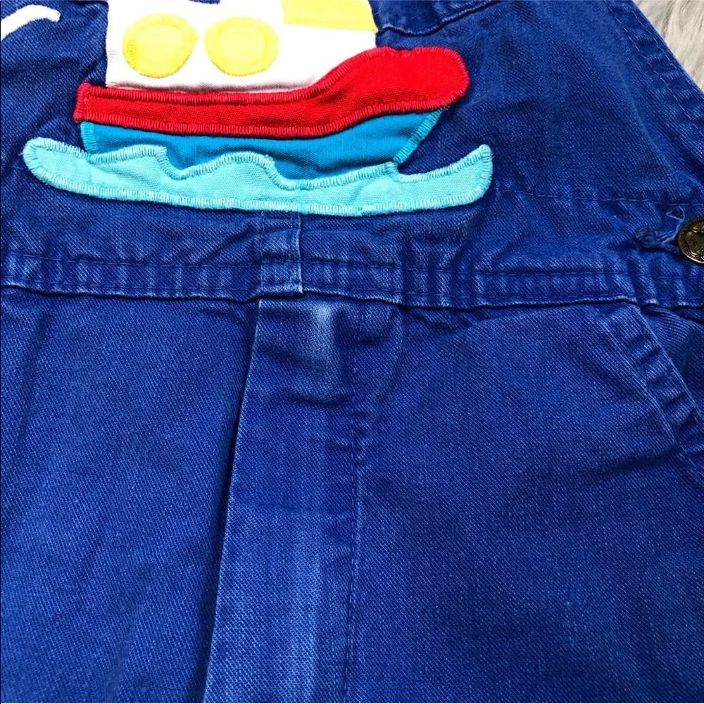 Vintage Made Usa Oshkosh Bgosh Blue Tug Boat Applique Short Overalls